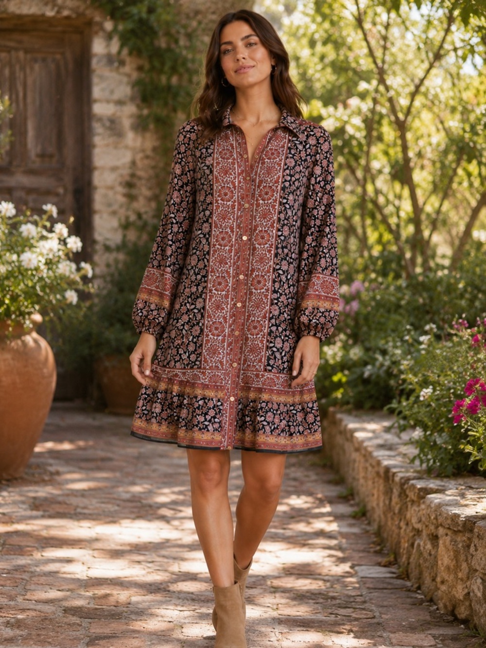 1. State Black & Rust Floral Long Sleeve Tunic Dress, metallic detailing, small